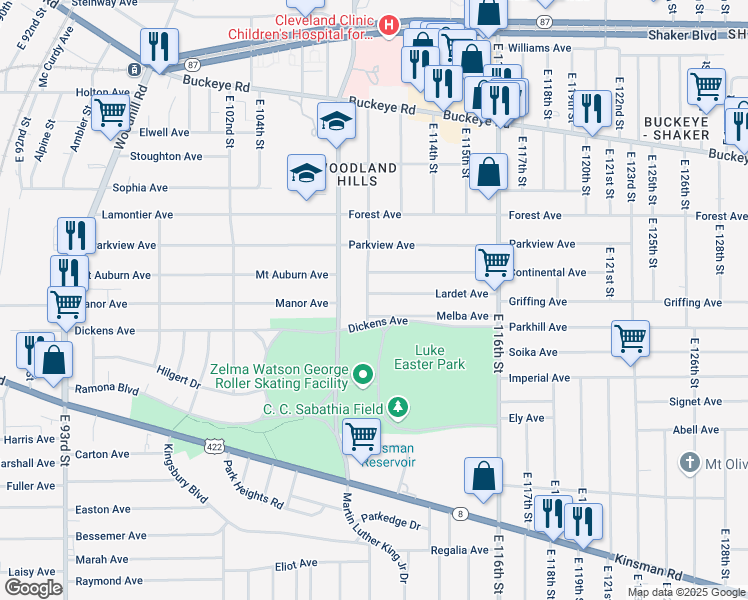 map of restaurants, bars, coffee shops, grocery stores, and more near 11125 Melba Avenue in Cleveland