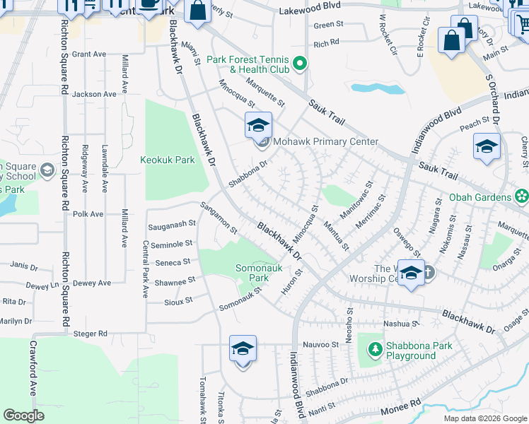 map of restaurants, bars, coffee shops, grocery stores, and more near 245 Miami Street in Park Forest