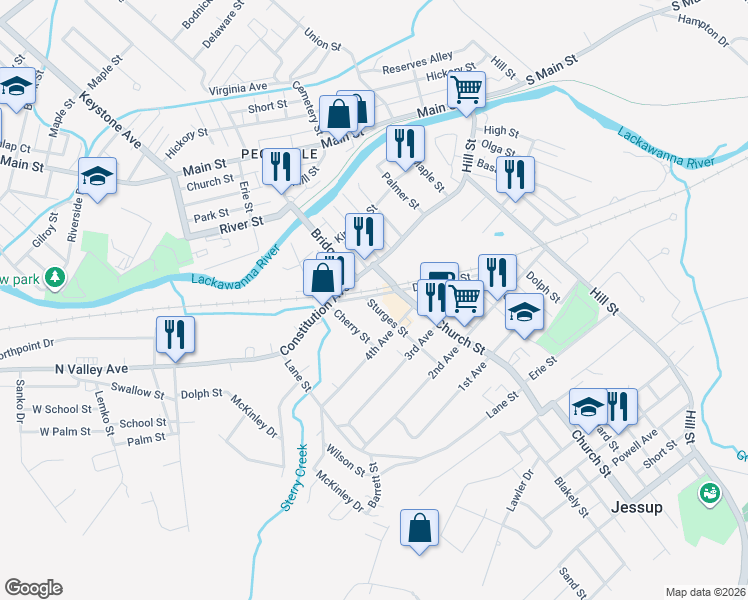 map of restaurants, bars, coffee shops, grocery stores, and more near 209 Sturges St in Jessup