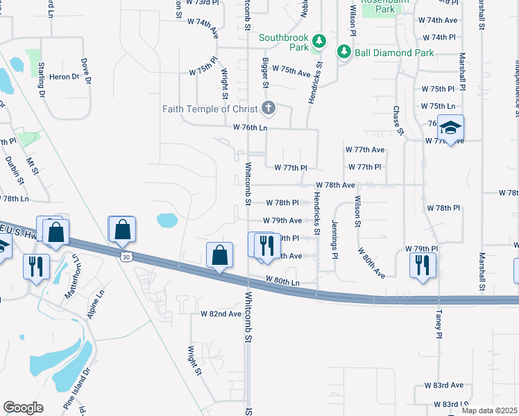 map of restaurants, bars, coffee shops, grocery stores, and more near 7841 Whitcomb Street in Merrillville
