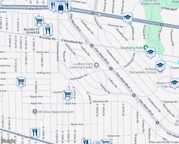 map of restaurants, bars, coffee shops, grocery stores, and more near 3112 Albion Road in Cleveland