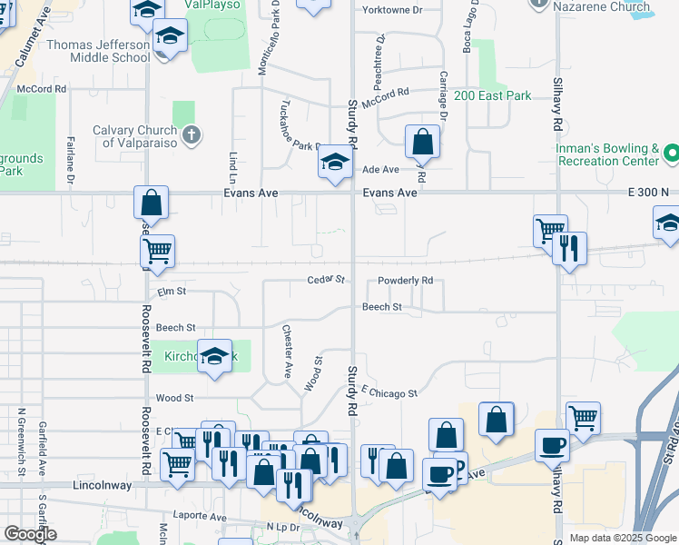map of restaurants, bars, coffee shops, grocery stores, and more near 1907 Cedar Street in Valparaiso