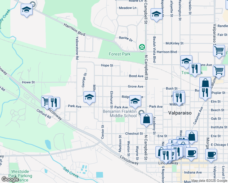 map of restaurants, bars, coffee shops, grocery stores, and more near 600-698 Elmhurst St in Valparaiso