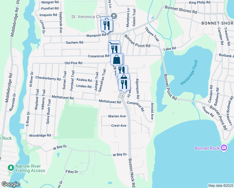 map of restaurants, bars, coffee shops, grocery stores, and more near 904 West Bay Drive in Narragansett