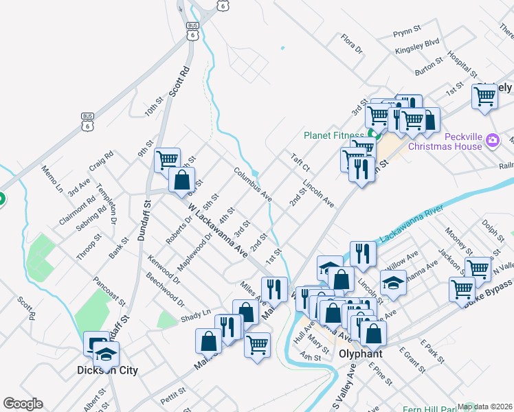 map of restaurants, bars, coffee shops, grocery stores, and more near 223 3rd Street in Olyphant