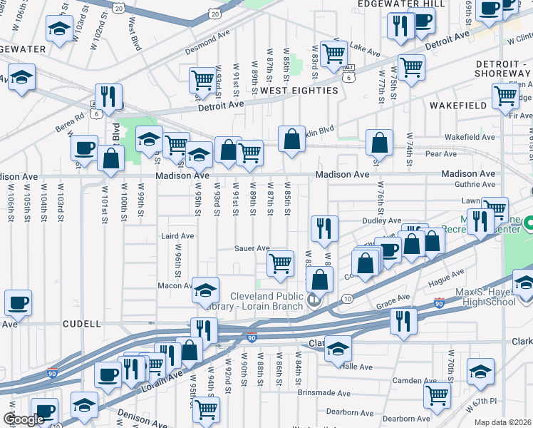map of restaurants, bars, coffee shops, grocery stores, and more near 2071 West 87th Street in Cleveland