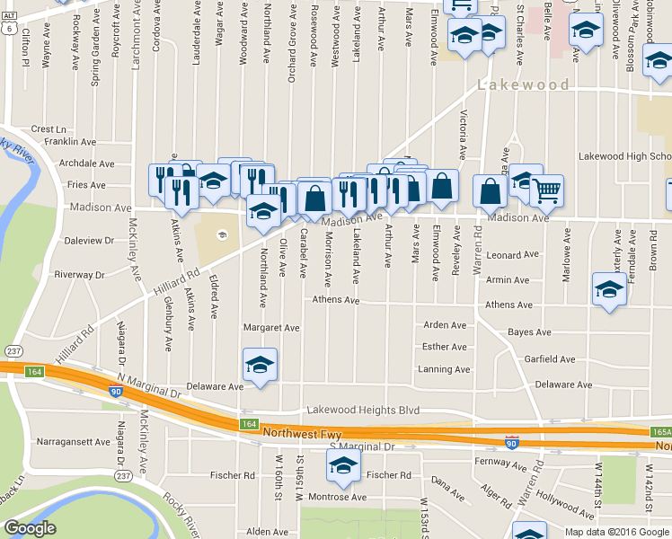 map of restaurants, bars, coffee shops, grocery stores, and more near 2055 Morrison Avenue in Lakewood