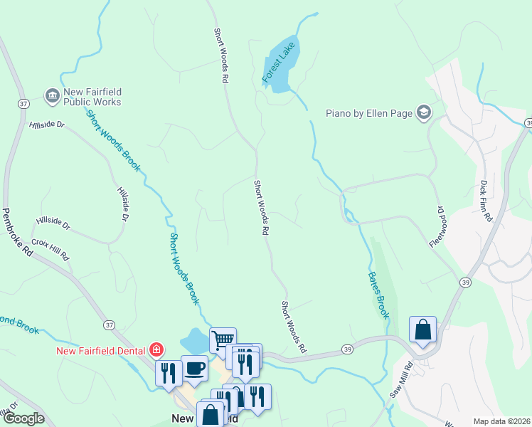 map of restaurants, bars, coffee shops, grocery stores, and more near 27 Short Woods Road in New Fairfield