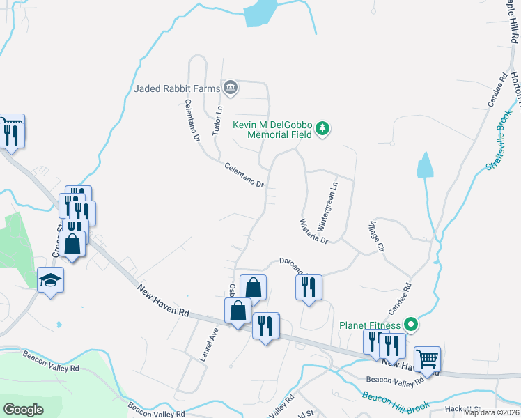 map of restaurants, bars, coffee shops, grocery stores, and more near 3 Davin Drive in Naugatuck