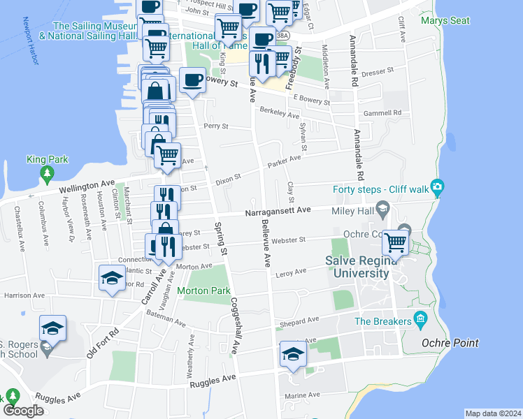 map of restaurants, bars, coffee shops, grocery stores, and more near 425 Bellevue Avenue in Newport