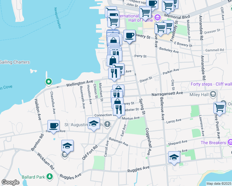 map of restaurants, bars, coffee shops, grocery stores, and more near 14 West Narragansett Avenue in Newport