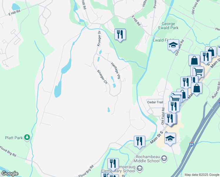 map of restaurants, bars, coffee shops, grocery stores, and more near 359 Krueger Circle in Southbury