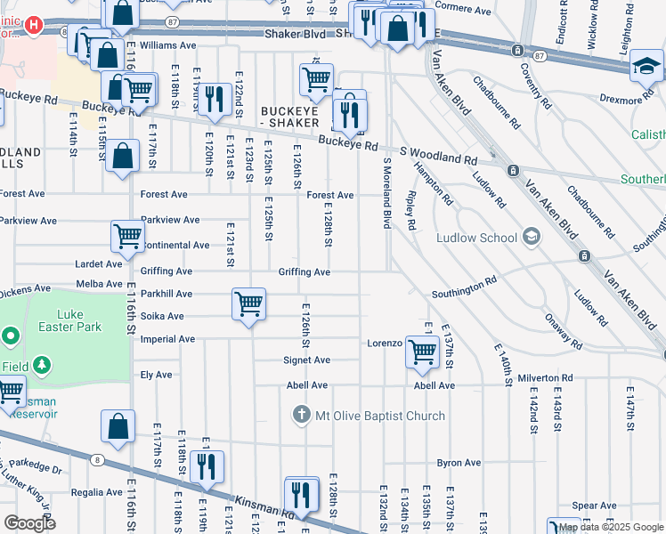 map of restaurants, bars, coffee shops, grocery stores, and more near 12902 Griffing Avenue in Cleveland