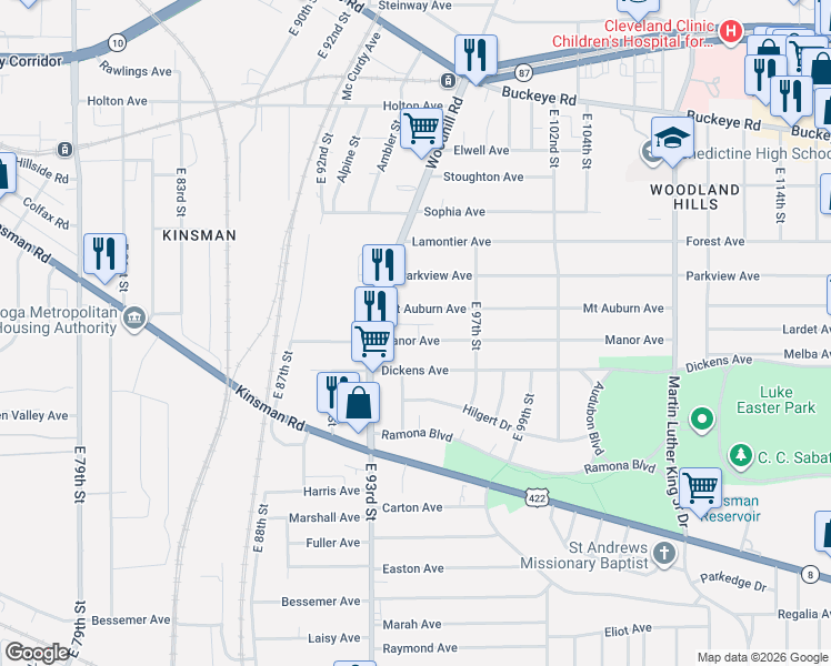 map of restaurants, bars, coffee shops, grocery stores, and more near 9428 Manor Avenue in Cleveland