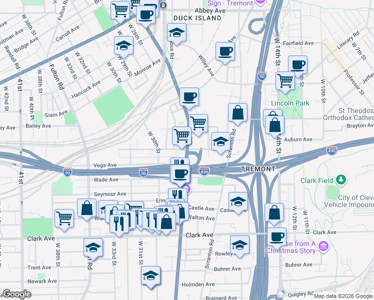 map of restaurants, bars, coffee shops, grocery stores, and more near in Cleveland