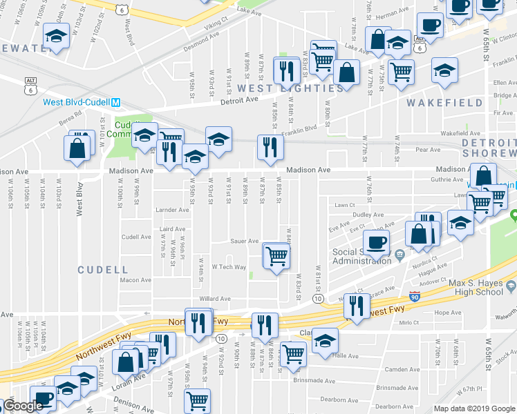 map of restaurants, bars, coffee shops, grocery stores, and more near 2071 West 87th Street in Cleveland