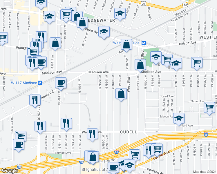 map of restaurants, bars, coffee shops, grocery stores, and more near 2072 West 105th Street in Cleveland