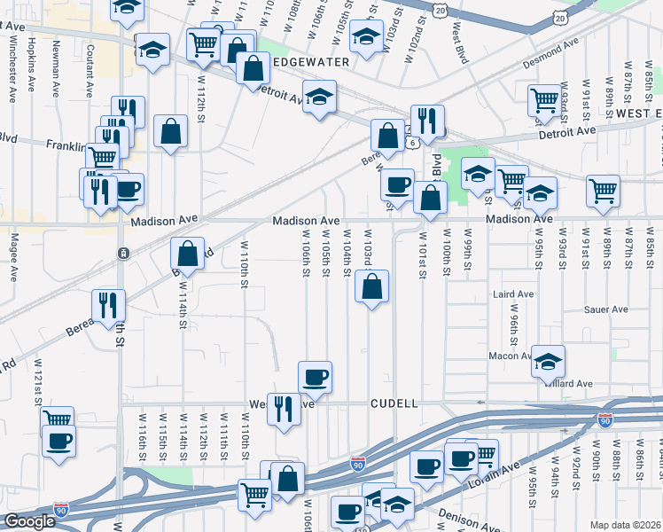 map of restaurants, bars, coffee shops, grocery stores, and more near 2072 West 105th Street in Cleveland