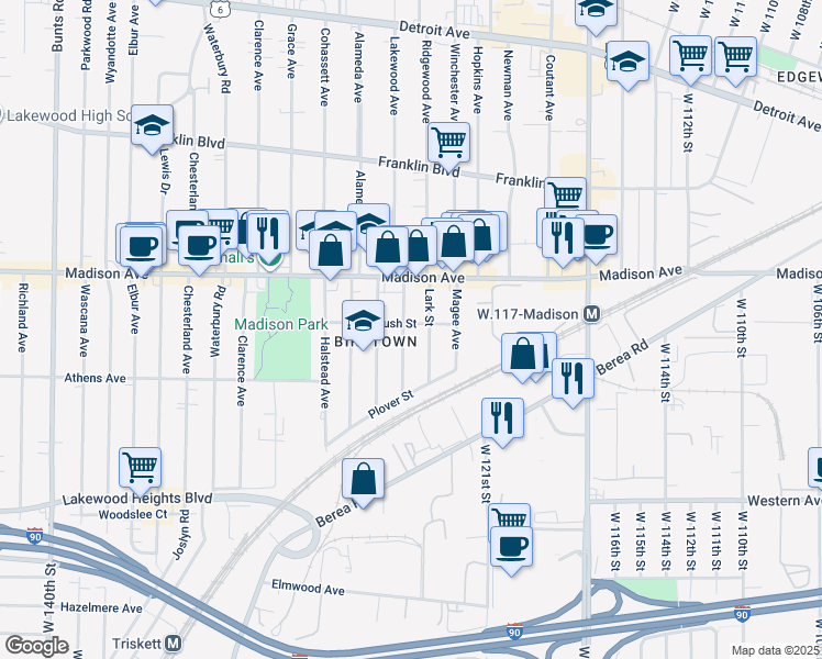 map of restaurants, bars, coffee shops, grocery stores, and more near 2065 Robin Street in Lakewood