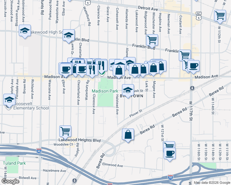 map of restaurants, bars, coffee shops, grocery stores, and more near 2068 Halstead Avenue in Lakewood