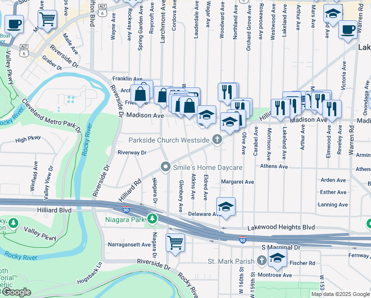 map of restaurants, bars, coffee shops, grocery stores, and more near 16905 Hilliard Road in Lakewood