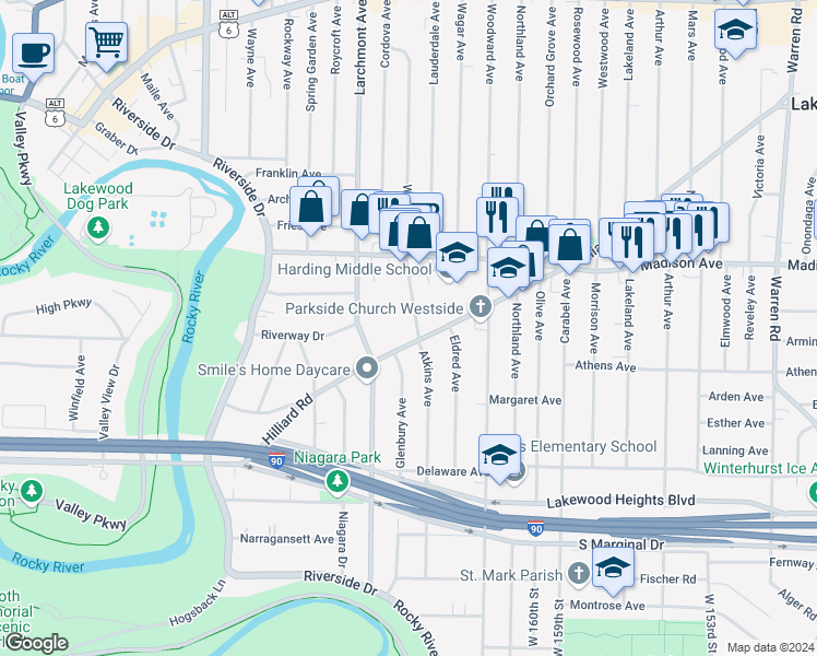 map of restaurants, bars, coffee shops, grocery stores, and more near 16905 Hilliard Road in Lakewood