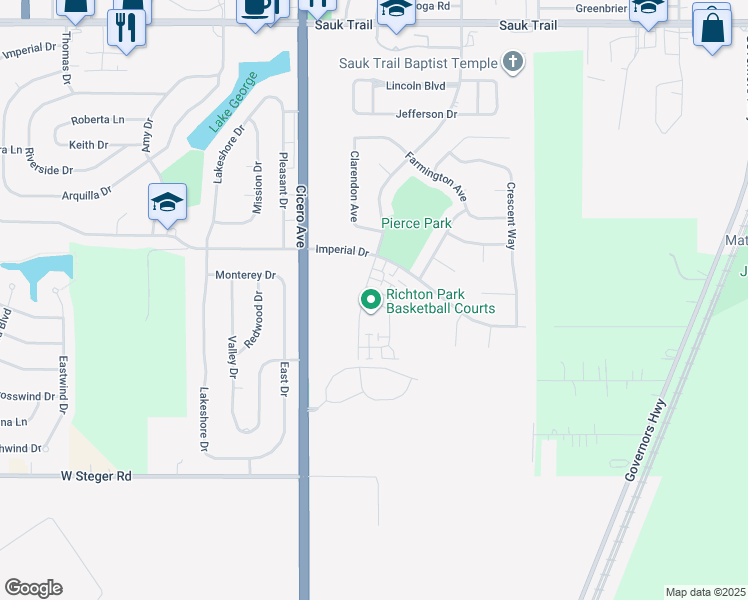 map of restaurants, bars, coffee shops, grocery stores, and more near 4545 Heartland Drive in Richton Park