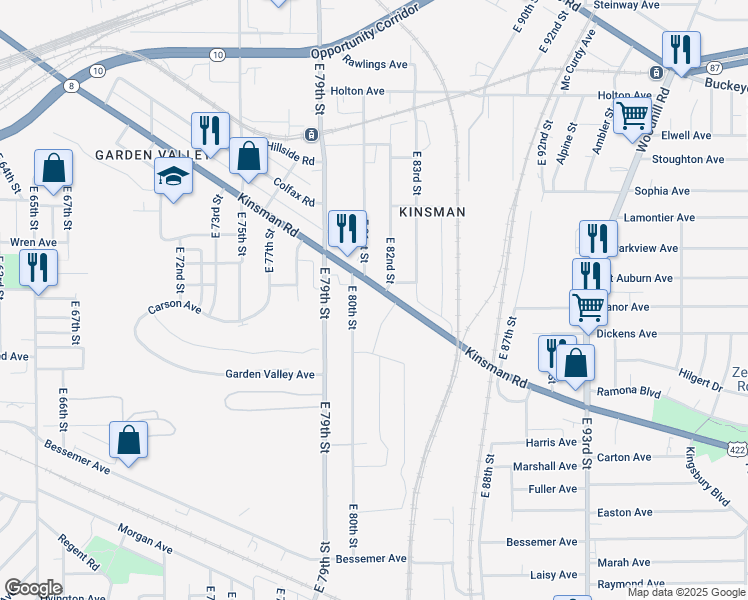 map of restaurants, bars, coffee shops, grocery stores, and more near 8120 Kinsman Road in Cleveland