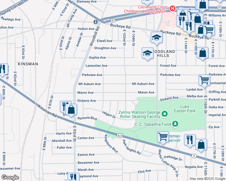 map of restaurants, bars, coffee shops, grocery stores, and more near 9901 Manor Avenue in Cleveland