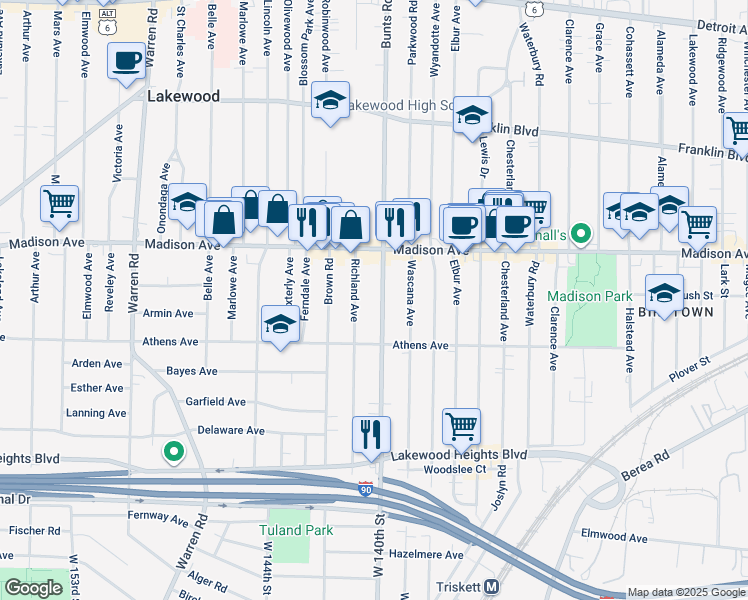 map of restaurants, bars, coffee shops, grocery stores, and more near 2075 Richland Avenue in Lakewood