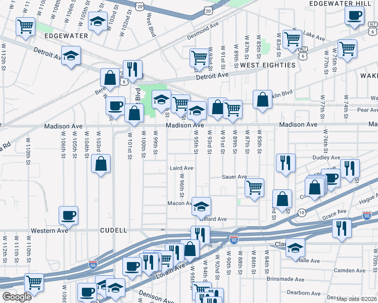 map of restaurants, bars, coffee shops, grocery stores, and more near 2077 West 95th Street in Cleveland