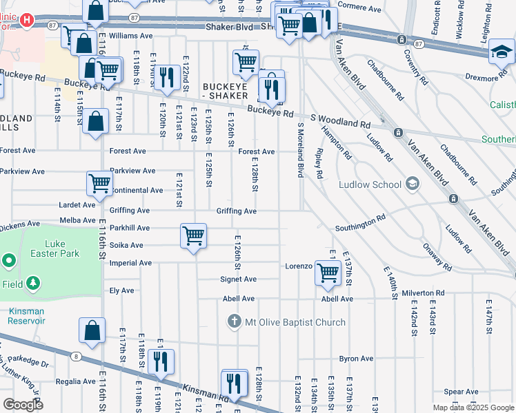 map of restaurants, bars, coffee shops, grocery stores, and more near 12902 Griffing Avenue in Cleveland