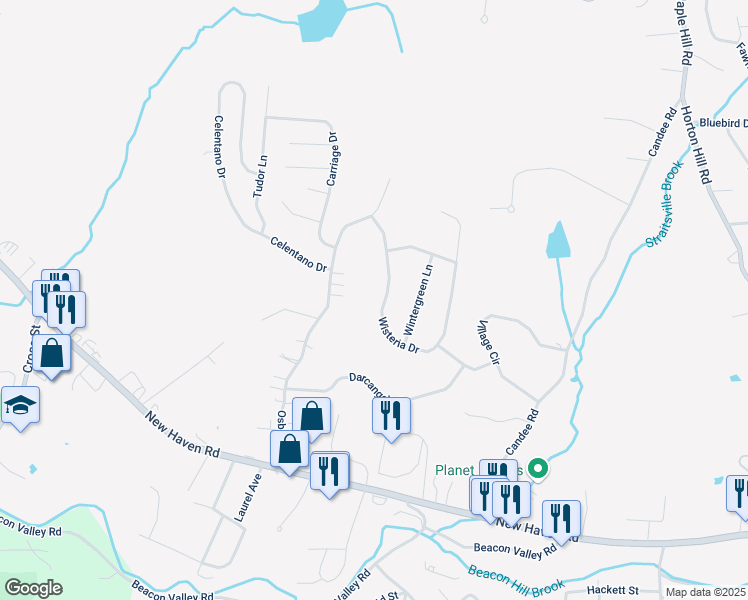 map of restaurants, bars, coffee shops, grocery stores, and more near 63 Wisteria Drive in Naugatuck
