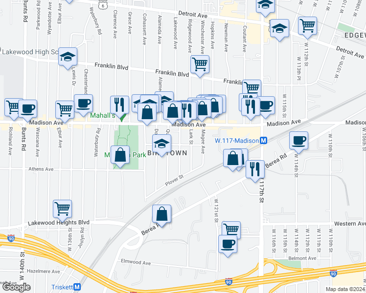 map of restaurants, bars, coffee shops, grocery stores, and more near 2051 Robin Street in Lakewood