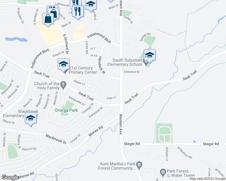 map of restaurants, bars, coffee shops, grocery stores, and more near 10 Apple Lane in Park Forest