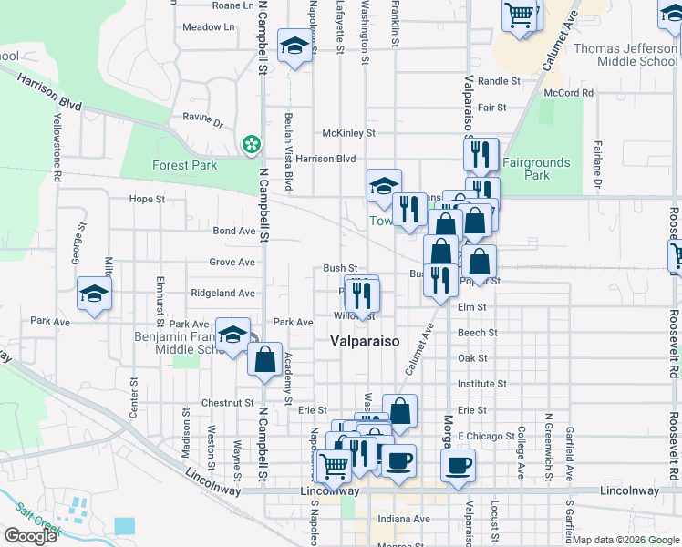 map of restaurants, bars, coffee shops, grocery stores, and more near Lafayette Street in Valparaiso