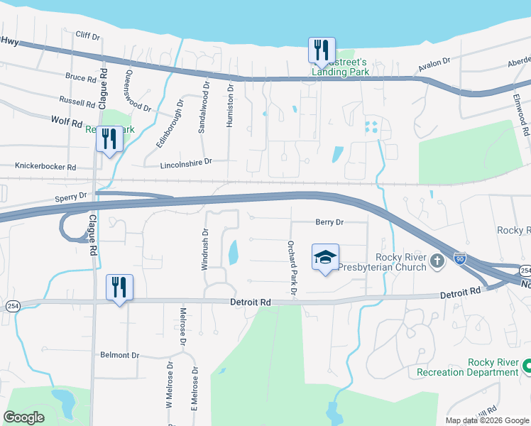 map of restaurants, bars, coffee shops, grocery stores, and more near 22557 Beechnut Lane in Rocky River