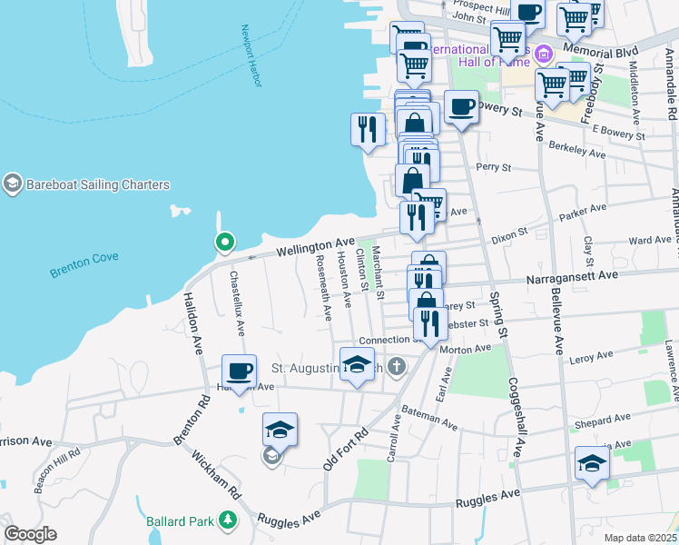 map of restaurants, bars, coffee shops, grocery stores, and more near 56 Houston Avenue in Newport