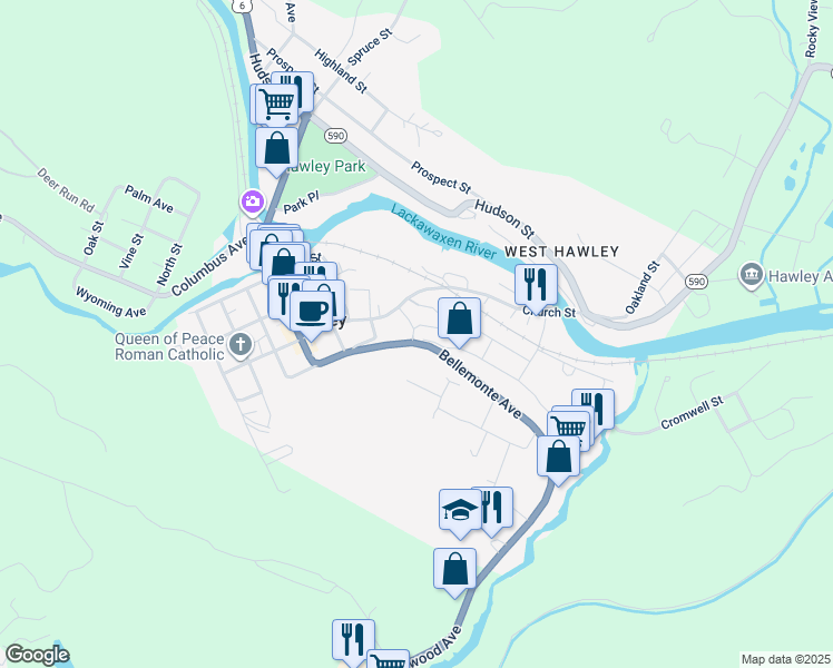 map of restaurants, bars, coffee shops, grocery stores, and more near 200-202 Bellemonte Avenue in Hawley