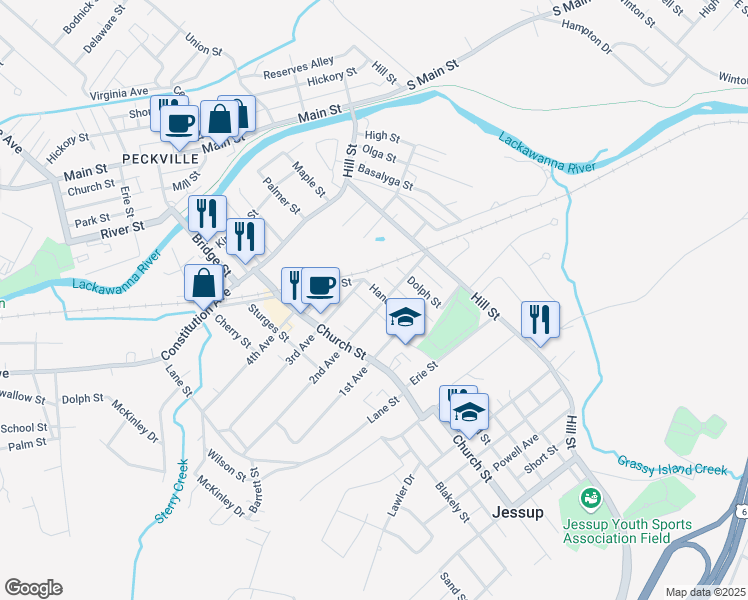 map of restaurants, bars, coffee shops, grocery stores, and more near 314 2nd Avenue in Jessup