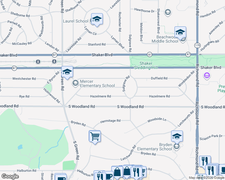 map of restaurants, bars, coffee shops, grocery stores, and more near 24001 Hazelmere Road in Shaker Heights
