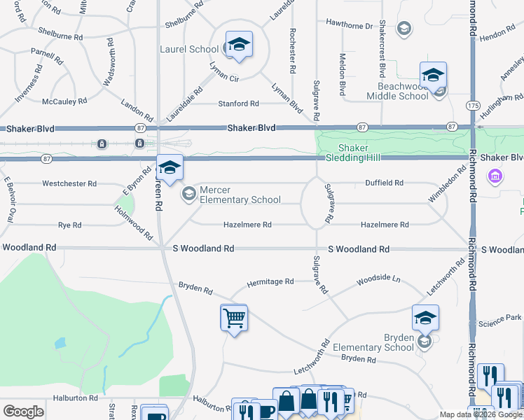 map of restaurants, bars, coffee shops, grocery stores, and more near 24001 Hazelmere Road in Shaker Heights