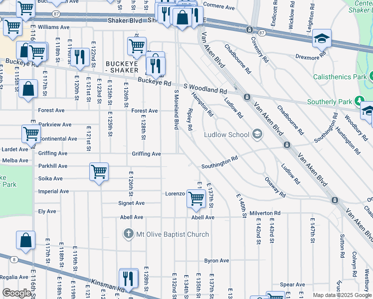 map of restaurants, bars, coffee shops, grocery stores, and more near 3061 Livingston Road in Cleveland