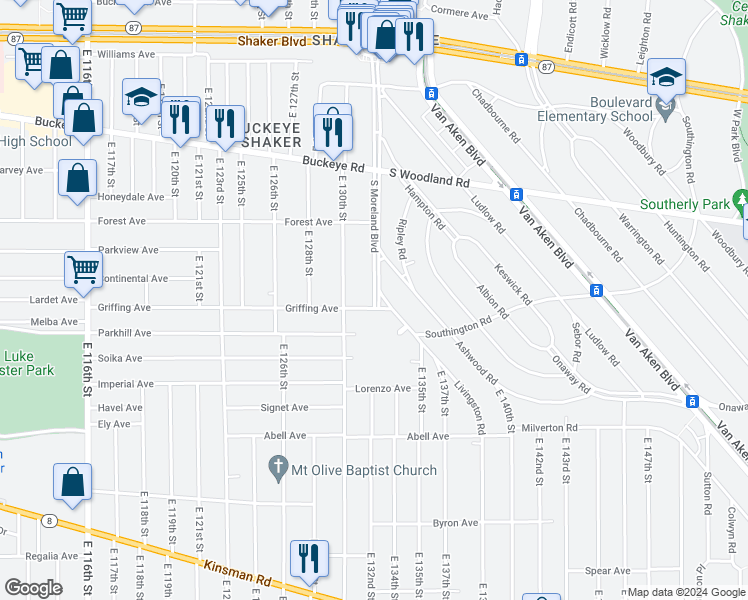 map of restaurants, bars, coffee shops, grocery stores, and more near in Cleveland