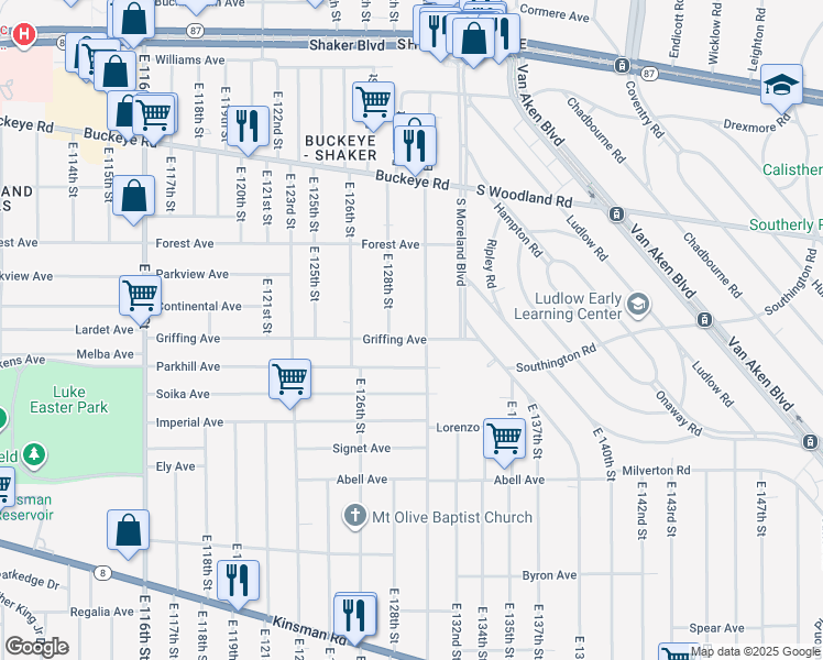 map of restaurants, bars, coffee shops, grocery stores, and more near 12902 Griffing Avenue in Cleveland