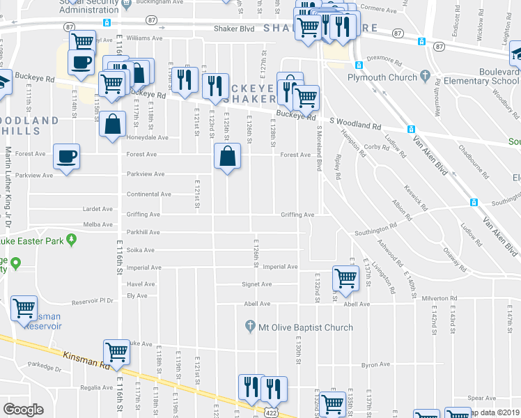 map of restaurants, bars, coffee shops, grocery stores, and more near 12702 Griffing Avenue in Cleveland