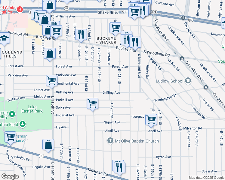 map of restaurants, bars, coffee shops, grocery stores, and more near 12702 Griffing Avenue in Cleveland