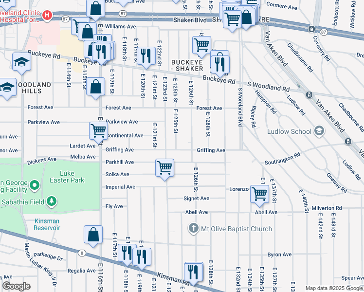 map of restaurants, bars, coffee shops, grocery stores, and more near 12520 Griffing Avenue in Cleveland