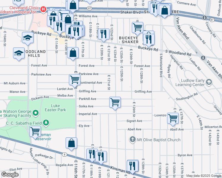 map of restaurants, bars, coffee shops, grocery stores, and more near 12022 Griffing Avenue in Cleveland