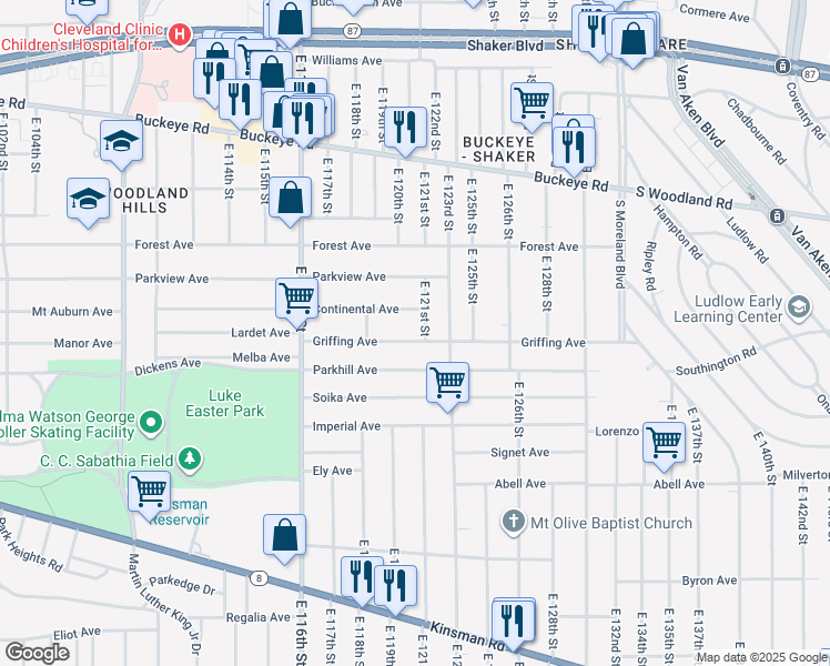 map of restaurants, bars, coffee shops, grocery stores, and more near 12022 Griffing Avenue in Cleveland